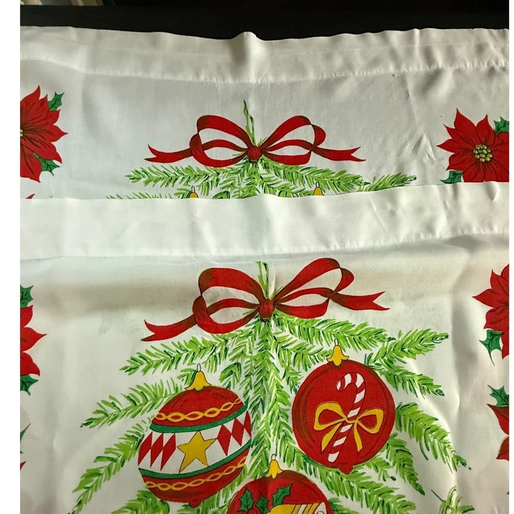 Vintage Christmas Poinsettia Cafe Curtains White Ornaments Made in Japan MCM